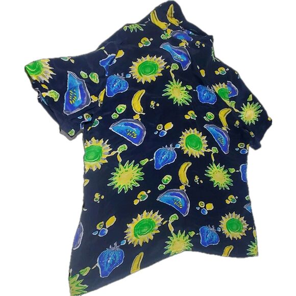 Silk Tropical Print Silk Shirt L Short Sleeve Button Front Resort Vibe SoftGirl - Picture 3 of 9